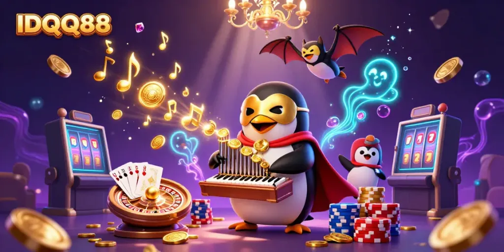 Experience the excitement of IDQQ88 with a vibrant 3D penguin organist amidst flying coins and gaming elements.
