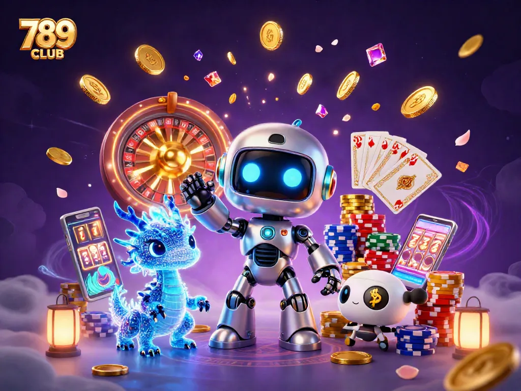 Experience thrilling wins at 789CLUB with vibrant casino elements and captivating characters in a dynamic scene.