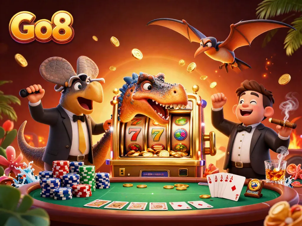 Experience excitement with Go8 as a pachycephalosaurus hits a slot machine, securing a jackpot.