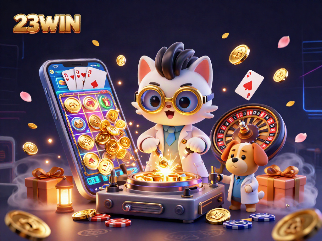 Experience thrilling gaming with 23WIN’s golden slot machines and dazzling casino elements in a vibrant illustration.