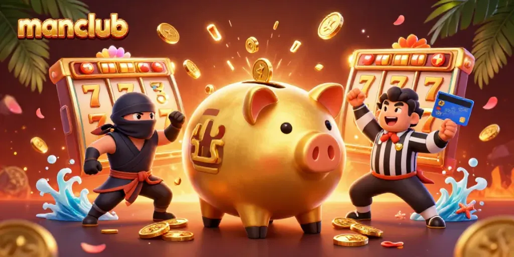 Experience the excitement of manclub with dynamic characters and vivid slot game elements in a vibrant casino scene.