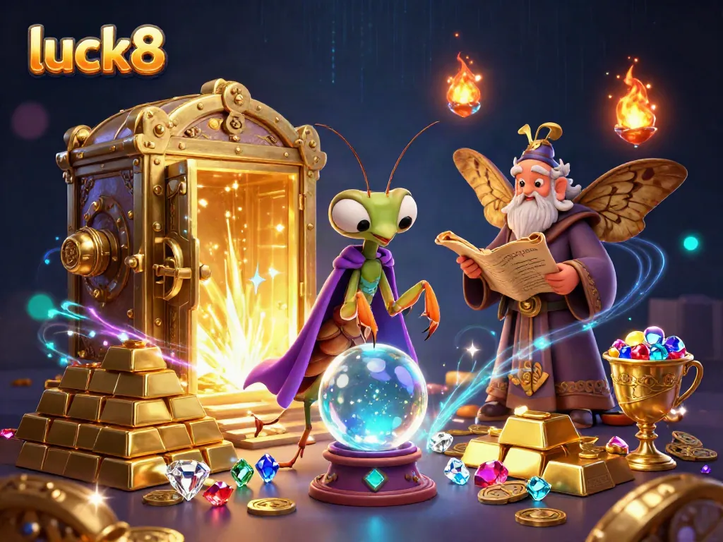 Experience luck8's magic with a colorful scene of a fortune teller, a librarian, and enchanting game symbols.