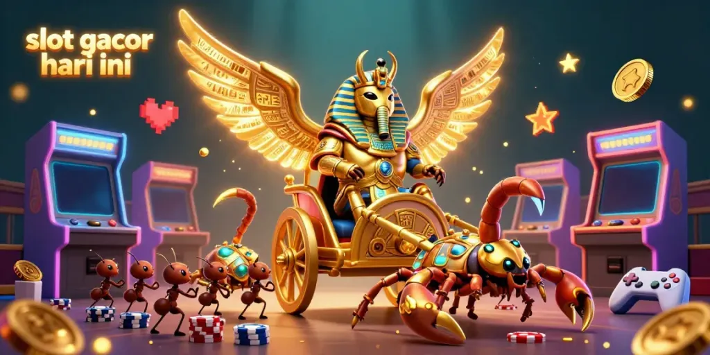 Engaging illustration of a golden scarab beetle promoting slot gacor hari ini amidst vibrant casino-themed elements.