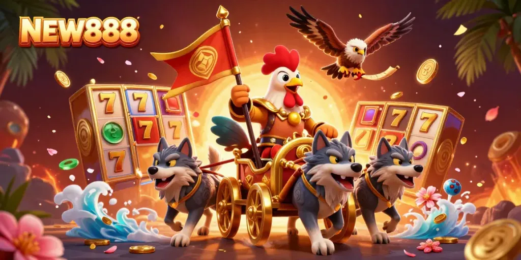 Engaging visual of the NEW888 casino experience, featuring dynamic slot reels and a vibrant gaming atmosphere.