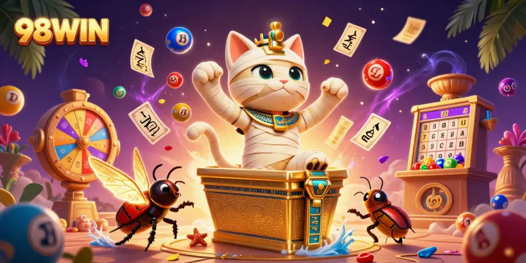 Experience thrilling gaming at 98WIN with a captivating 3D illustration featuring unique casino elements.