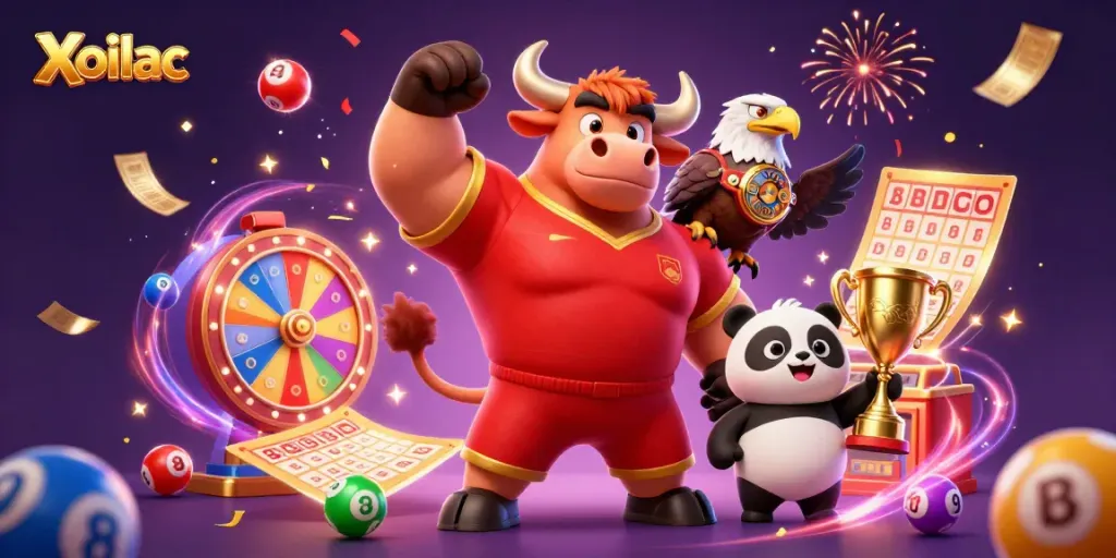 Xoilac celebrates with a vibrant lottery-themed scene featuring a bull mascot, eagle champion, and panda trophy holder.