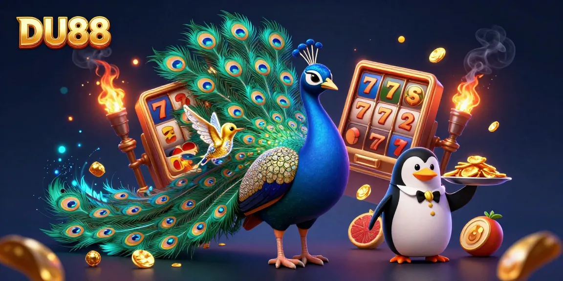 Spin the DU88 slot reels with a dazzling peacock and butler delivering golden chips.