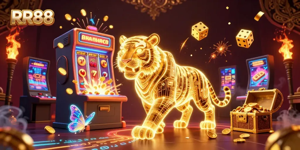 Experience the vibrant energy of RR88's digital casino scene with a golden tiger and holographic butterflies.