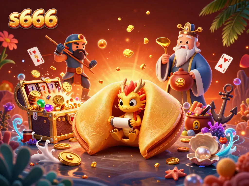 Experience s666 with a stunning 3D illustration featuring slot reels and animated characters in a vibrant casino scene.