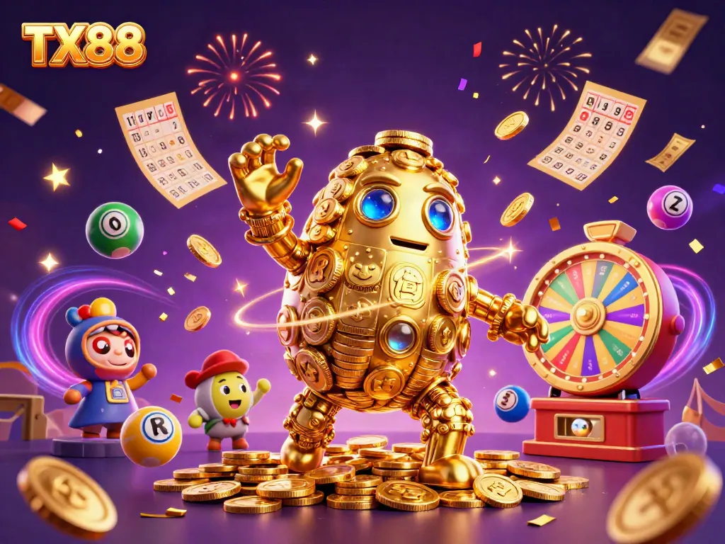 Engage with TX88's thrilling casino experience, embodied by a golden golem surrounded by excitement and joy.
