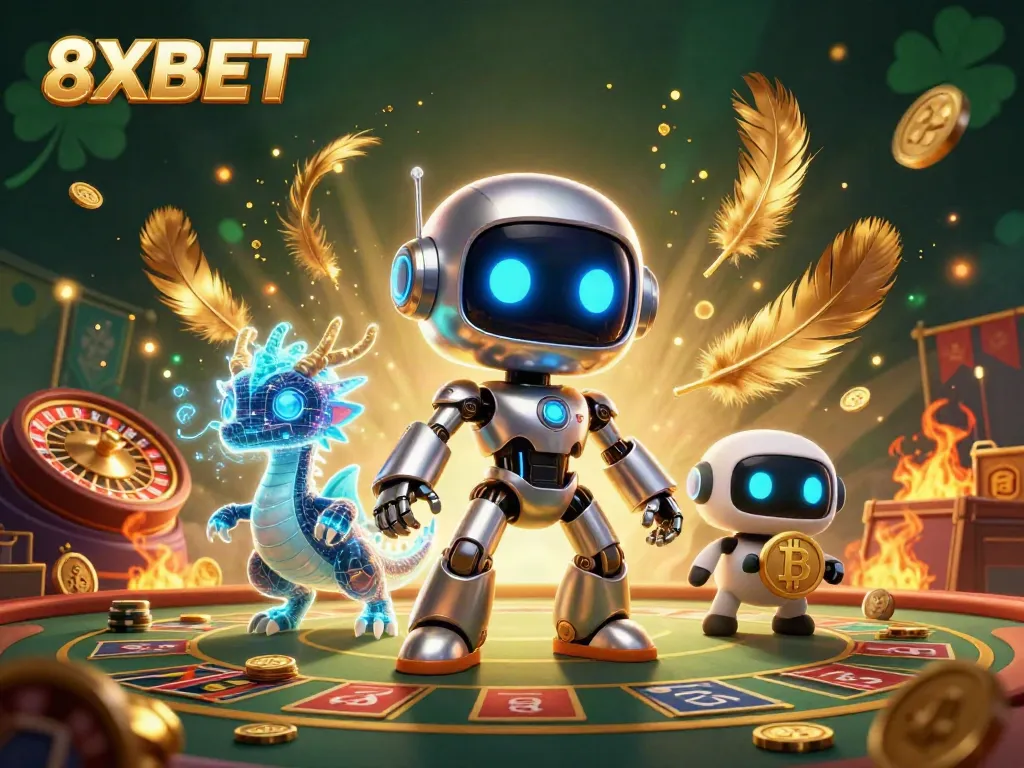 Engage with 8XBET's vibrant live casino scene in this dynamic 3D illustration featuring neon characters and betting elements.