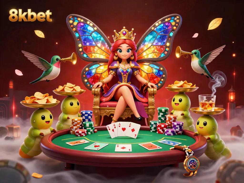 Experience vibrant gaming at 8xbet with a majestic butterfly queen, poker elements, and colorful visuals.