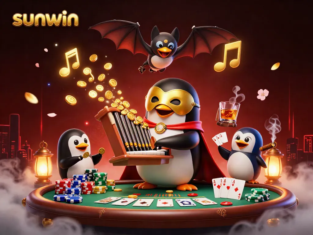 Sunwin’s vibrant 3D casino scene highlights a penguin playing organ with golden coins, showcasing excitement in gambling.