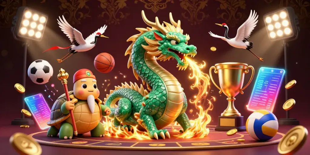 Engage with hitclub for thrilling gambling experiences featuring a jade dragon, turtle sage, and lucky cranes amidst vibrant casino elements.
