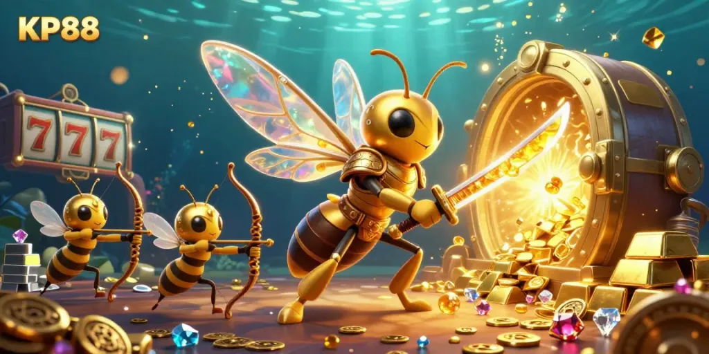 KP88 casino scene showcases a golden hornet in samurai armor, enhancing the jackpot experience.