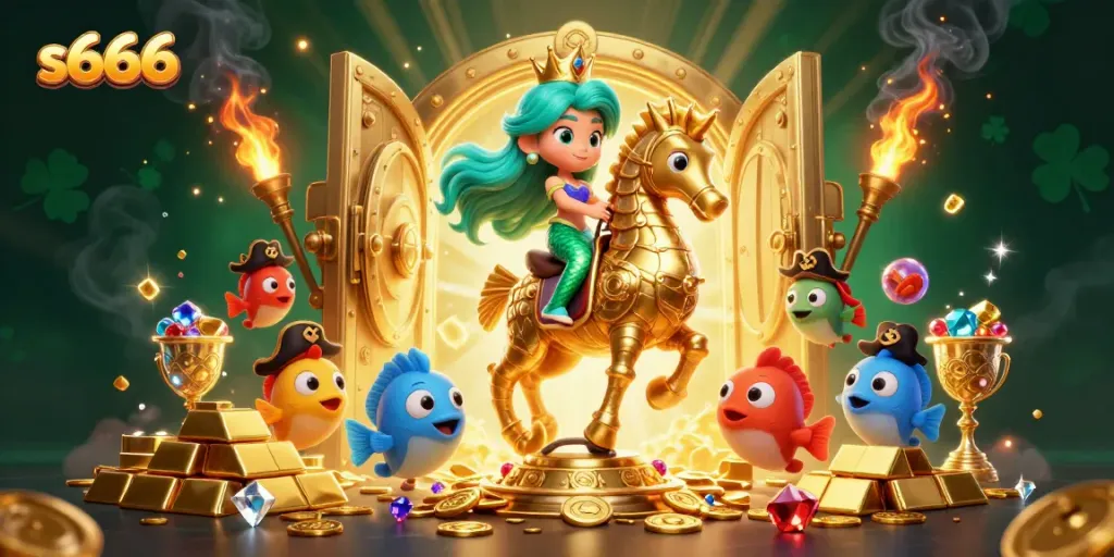 Experience thrilling plays at s666, with a mermaid princess and seahorse amidst gold treasures.