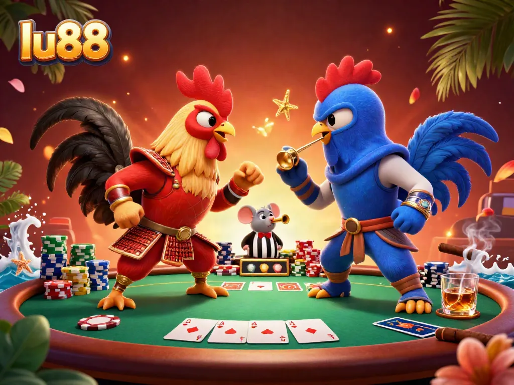 Experience the thrilling standoff of lu88's fighting roosters amidst vibrant casino elements.
