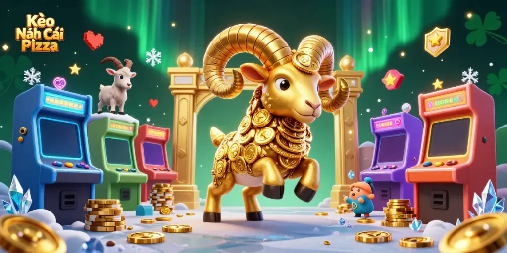 Kèo Nhà Cái Pizza showcases a vibrant and dynamic 3D casino scene featuring a golden ram charging through colorful arcade elements.