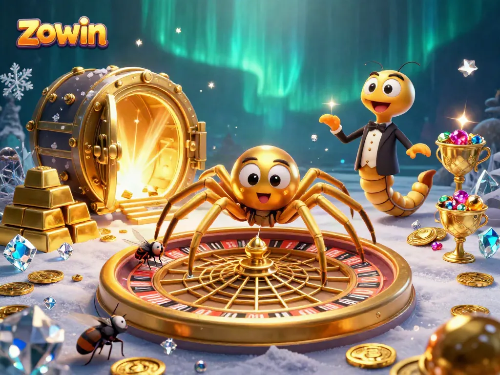 Bet with Zowin at a vibrant 3D casino filled with luxurious treasures and engaging game elements.