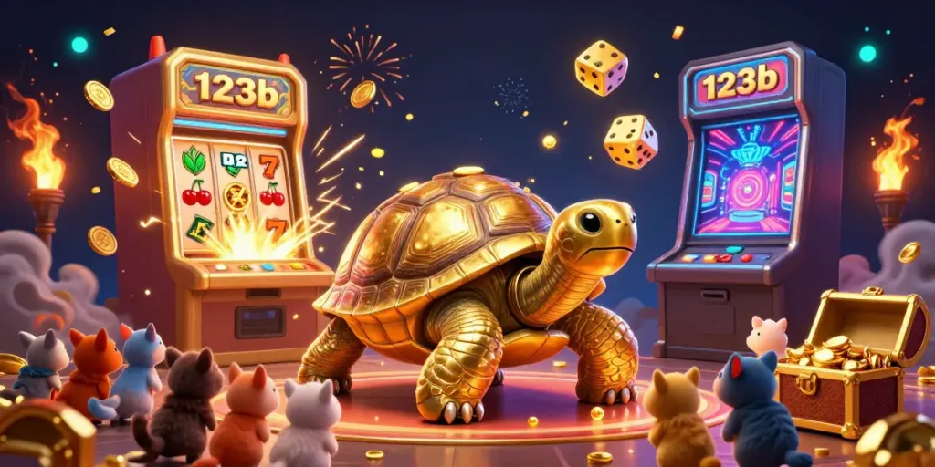Experience 123b's vibrant gaming atmosphere with a golden tortoise pinball machine surrounded by animals, coins, and slot machines.