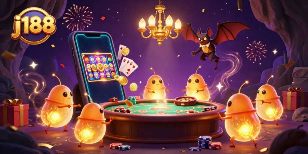 Experience thrilling gameplay at j188 with glowworms lighting the casino, showcasing vibrant games and festive excitement.