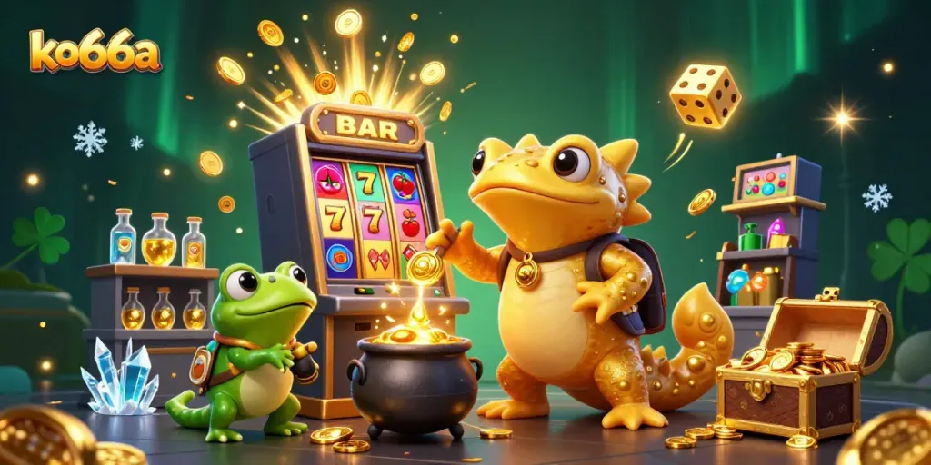 Experience the captivating adventure of ko66a with a dynamic illustration of a giant golden salamander alchemist and lucky casino elements.