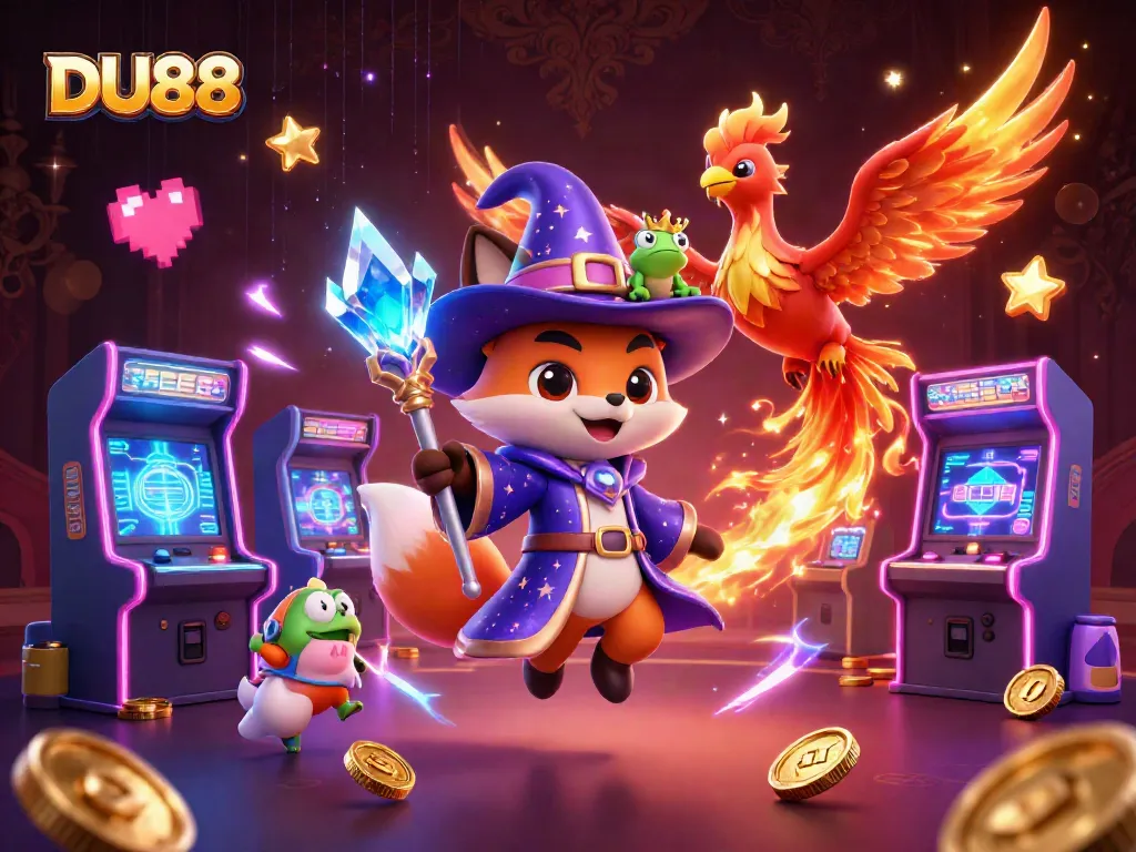 Engage with DU88's mystical casino world, featuring a wizard fox, phoenix, and vibrant game elements.
