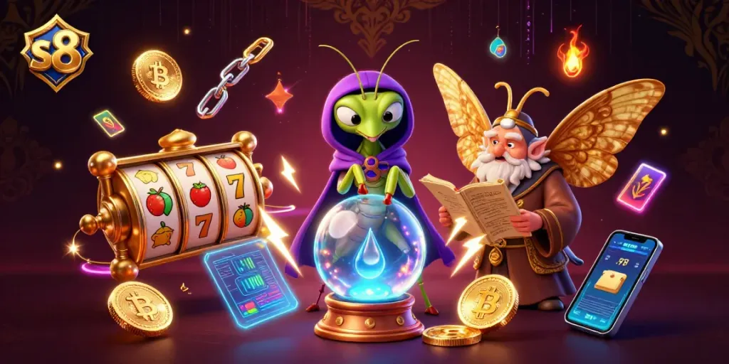 Engage in thrilling S8 slot games surrounded by mystical elements and glowing cryptocurrency coins.