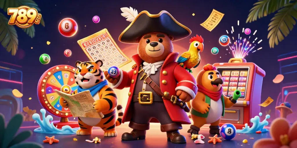 Engage with 789CLUB's vibrant game scene featuring a bear captain, tiger mate, and lively elements.