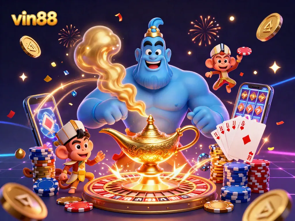 Spin the reels and win big with vin88 in this vibrant casino scene featuring animated characters and casino elements.