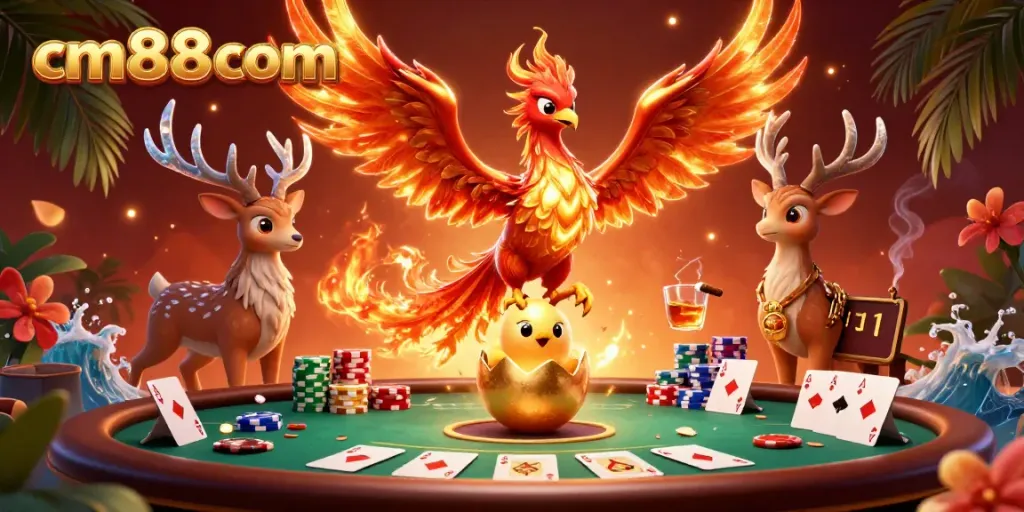 Experience cm88com with a vibrant 3D scene featuring a phoenix, poker elements, and dynamic visuals.