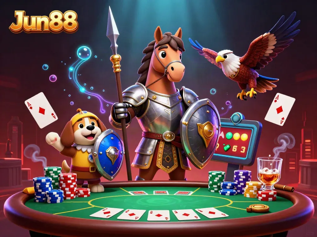 Engage with Jun88's exciting casino games in a vibrant fantasy scene featuring knights and poker.