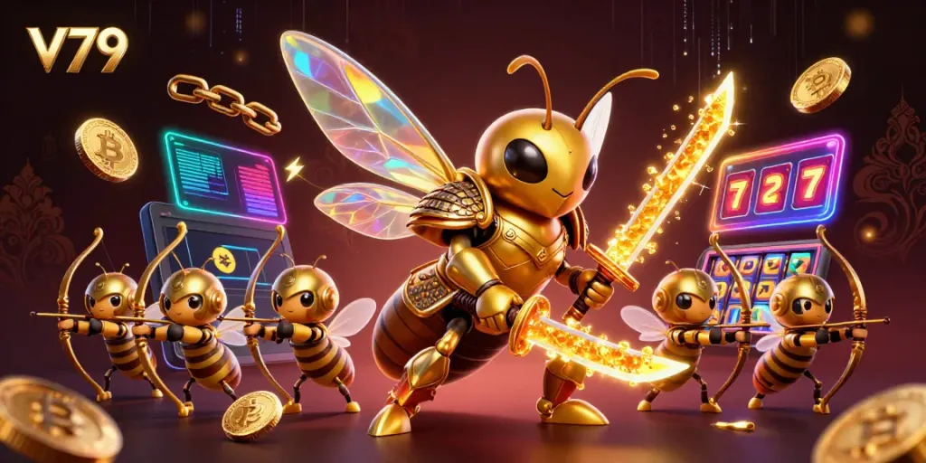 Engage with the vibrant 3D scene featuring V79’s fantasy characters and animated casino elements.