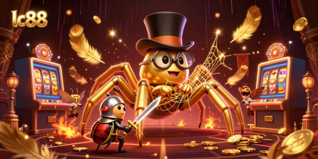Win big with lc88's engaging casino experience featuring a vibrant golden tarantula and beetle knight.