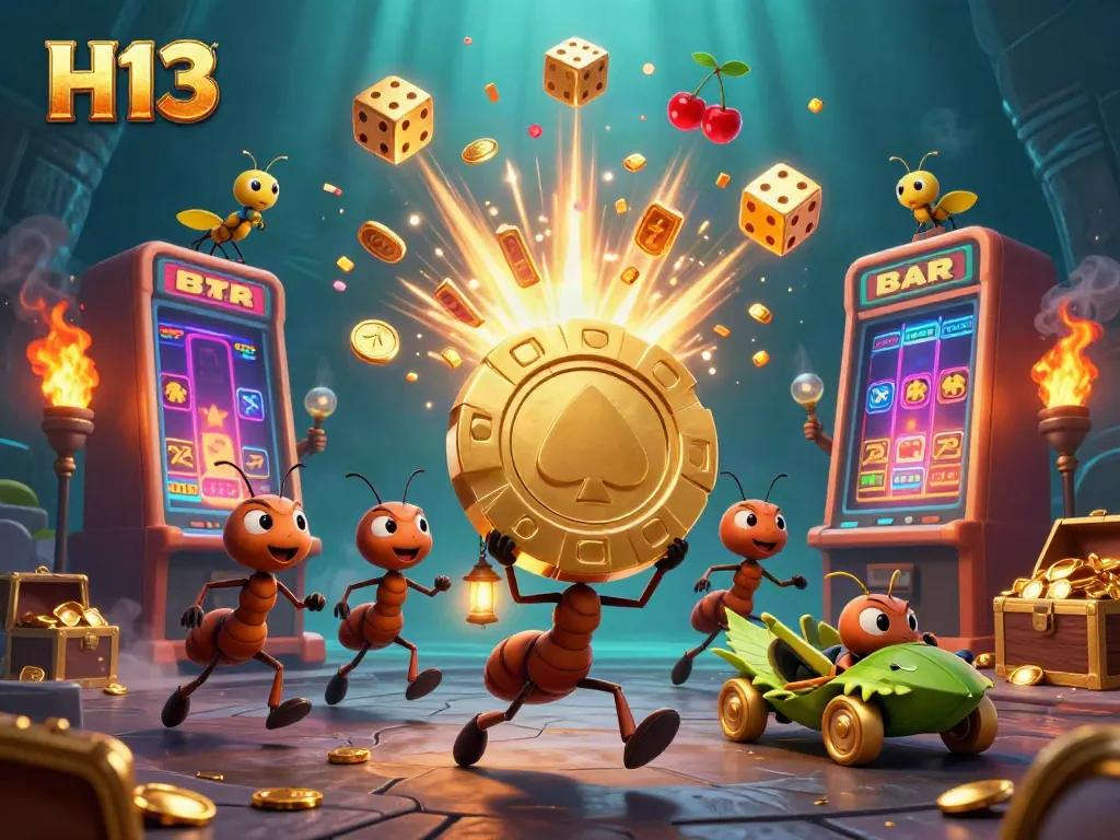 Ants executing a heist for a golden poker chip in an H13 casino adventure