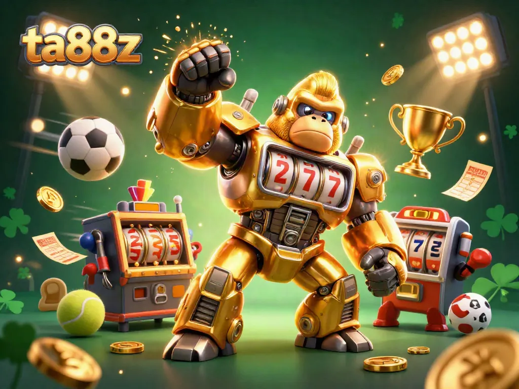 Experience the excitement of ta88z with a dynamic 3D scene featuring a golden gorilla mech and sports elements.