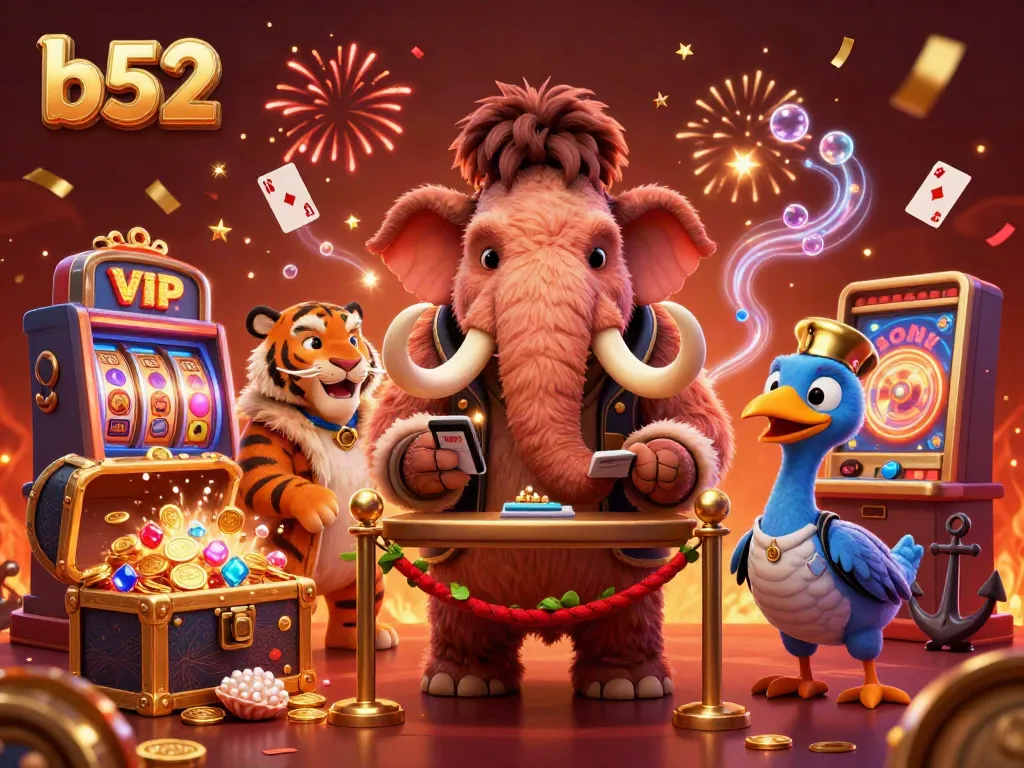 Experience excitement at b52’s casino with vibrant characters, slot machines, and a festive atmosphere.