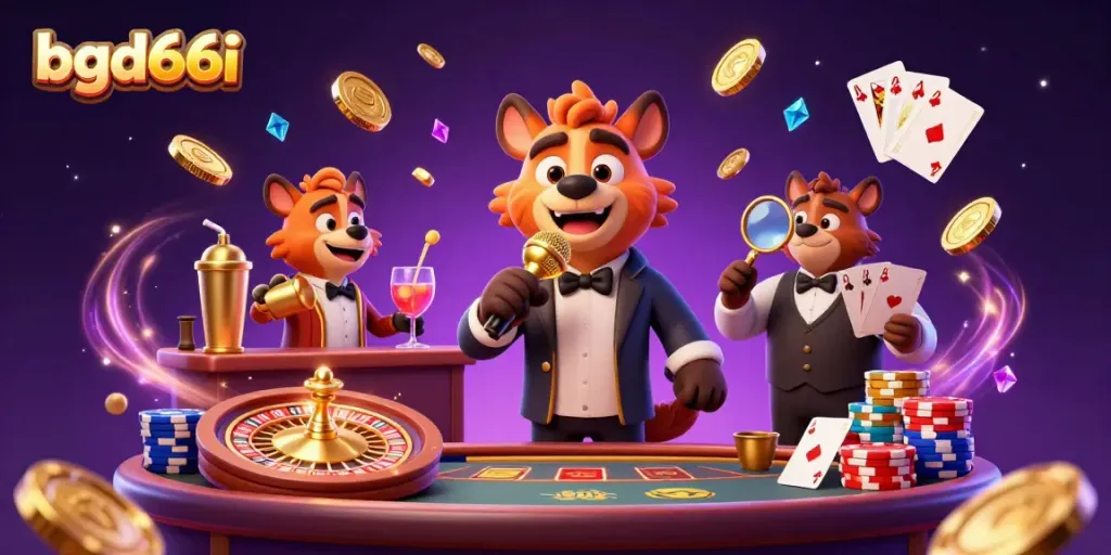 Hyenas entertain in a casino ambiance while displaying bgd66i's vibrant gambling excitement through games and humor.