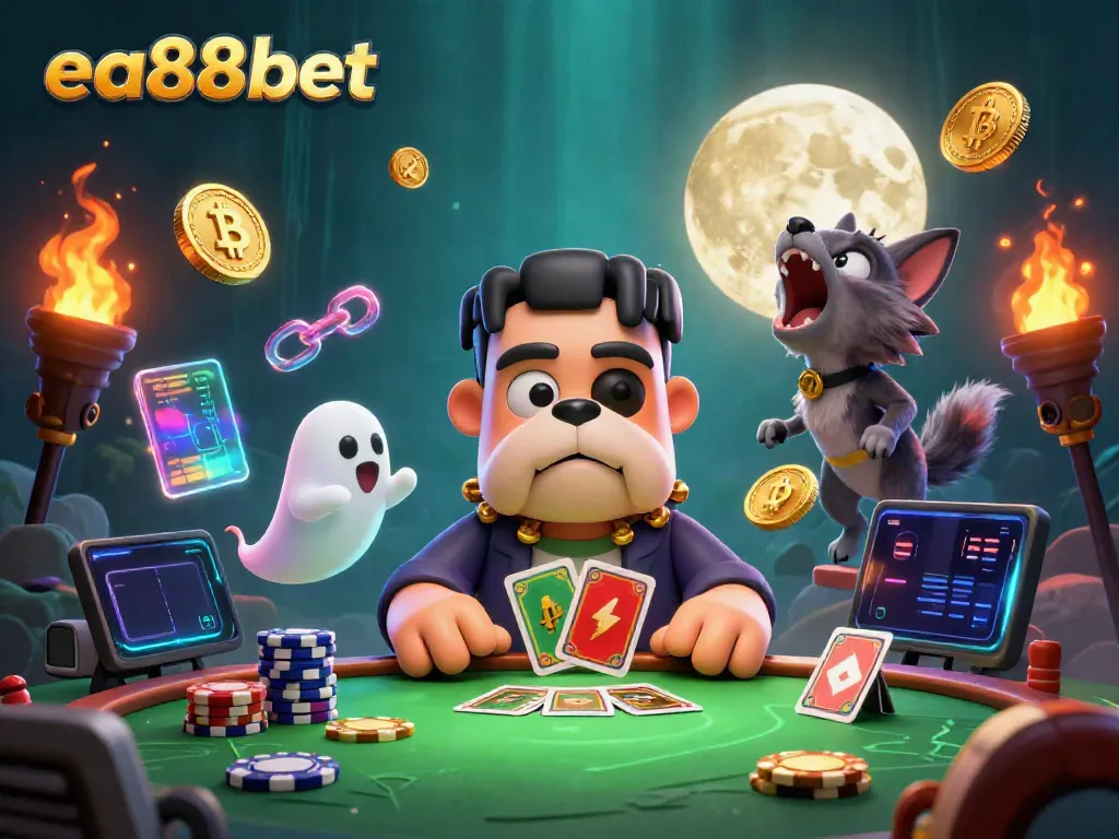 Play cards with the ea88bet bulldog monster at a spooky table, featuring vibrant digital effects.