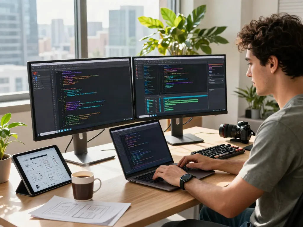Dynamic software development scene featuring istana404 with a developer coding in a modern office.