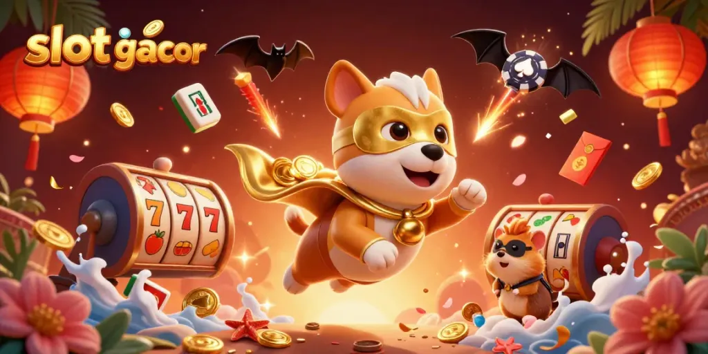 Slot gacor memperlihatkan anjing superhero dengan koin emas dan simbol poker, penuh warna dan dinamis.