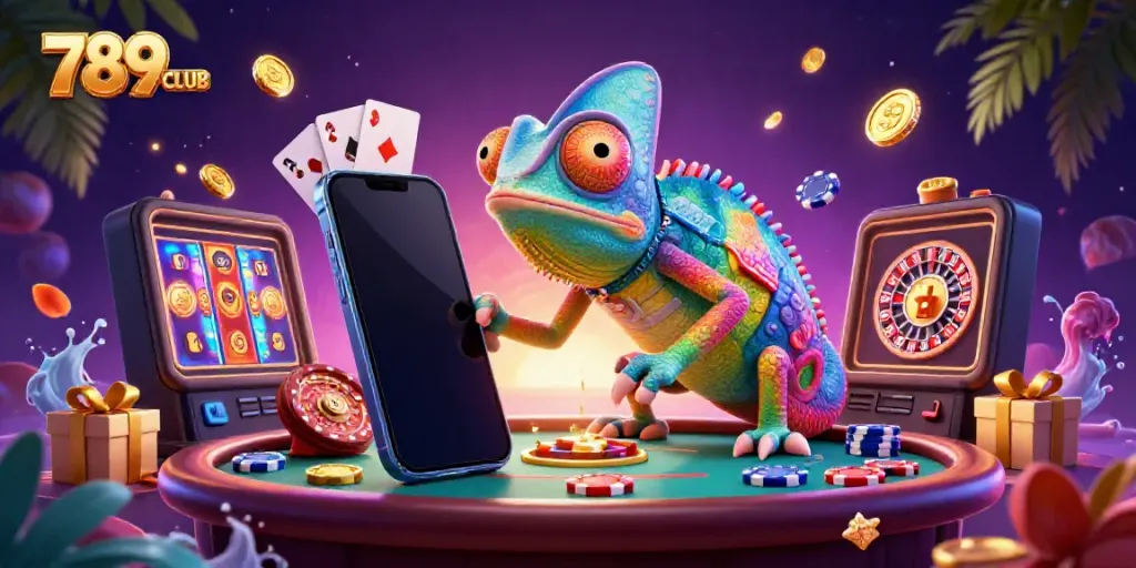 Experience the vibrant casino world of 789CLUB with an energetic chameleon character and dynamic game elements.