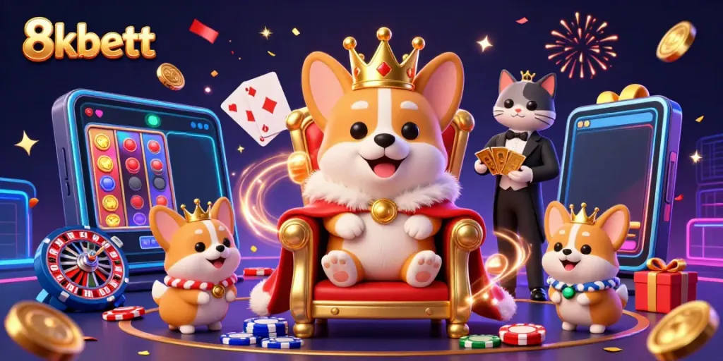Experience entertainment at 8kbett with a vibrant casino scene featuring a royal corgi and game elements.