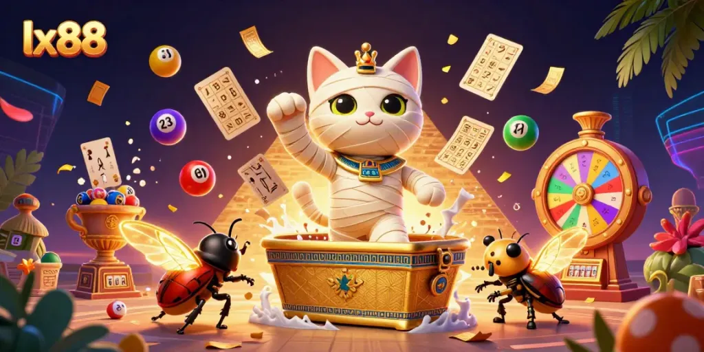 Engage with lx88's dynamic casino scene featuring a mummy cat and vibrant lottery elements.