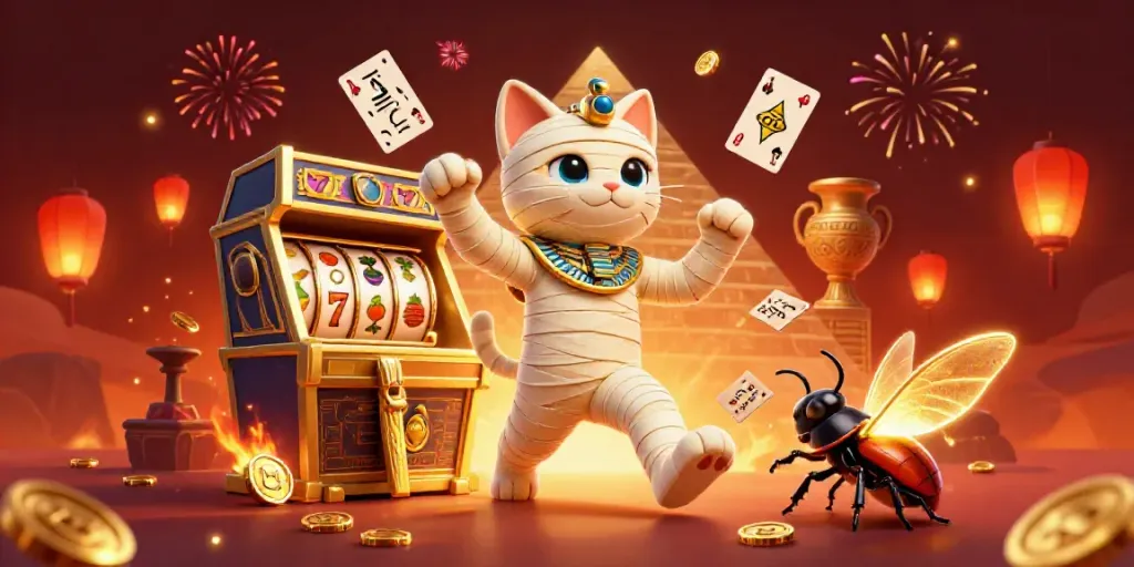 Engage with 888b's thrilling pyramid casino scene featuring a mummy cat and slot machines.