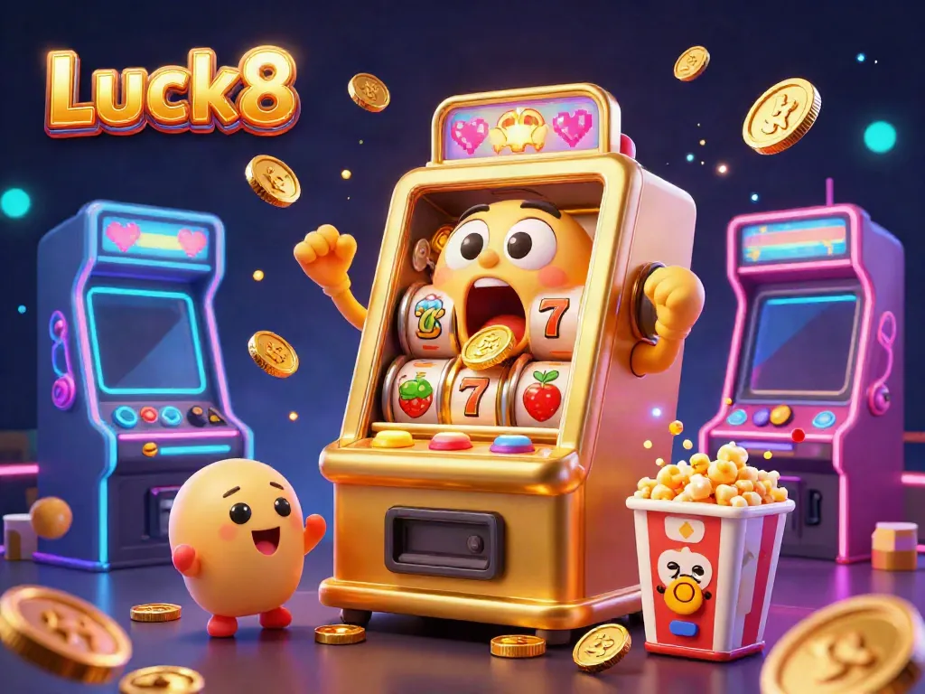 Experience the excitement at Luck8 as cartoon slot machines celebrate a jackpot with coins raining down.