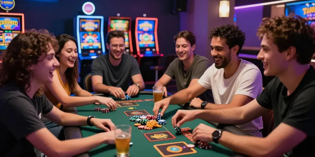 Friends enjoying a lively evening with lumbung88 gaming, slot machines, and snacks.