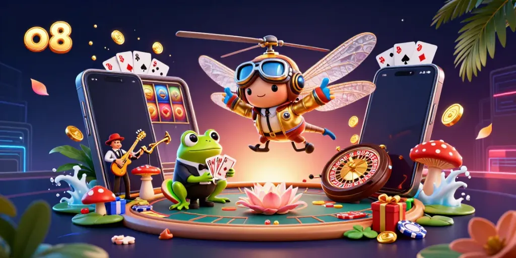 Play exciting games at o8 with a vibrant casino scene featuring unique characters and dynamic action.