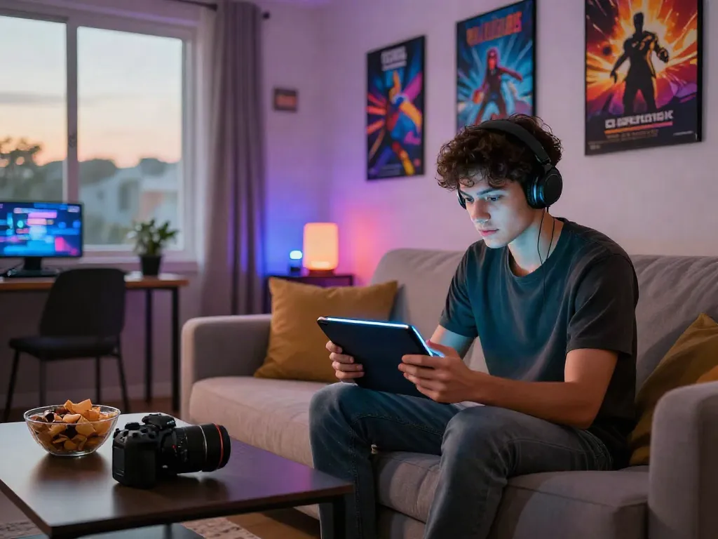 Engaged player on https://sunwint4.com/ enjoying mobile games in a modern living room.