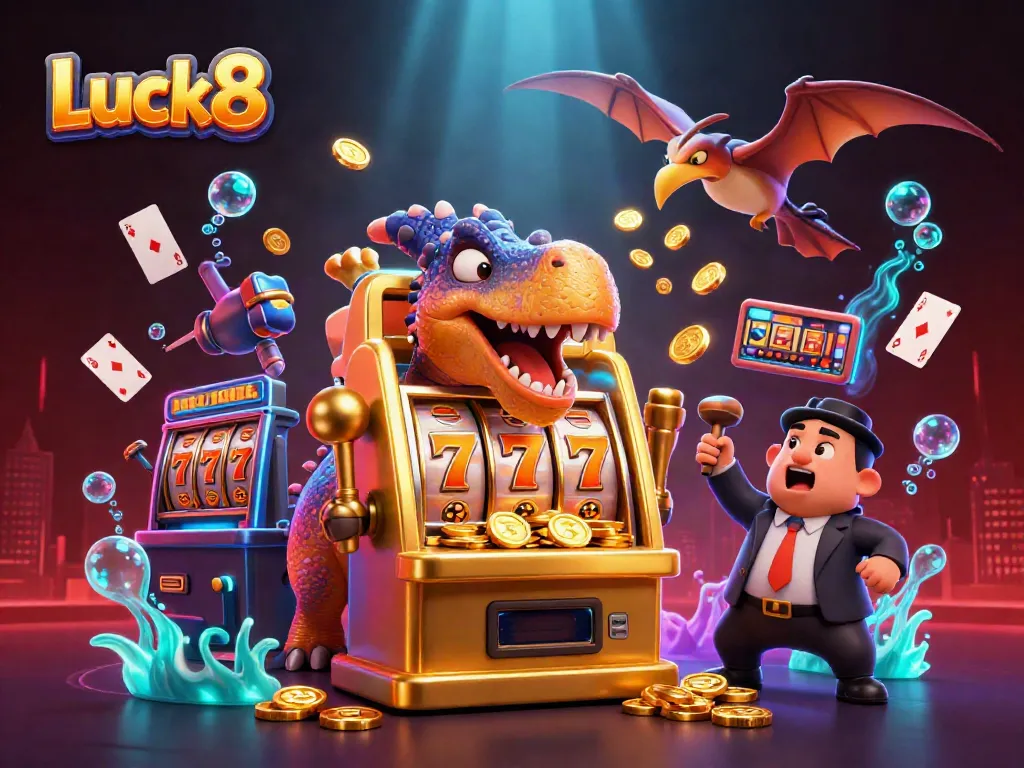 Luck8 casino scene with a dinosaur celebrating a jackpot payout amidst flying coins and vibrant elements.